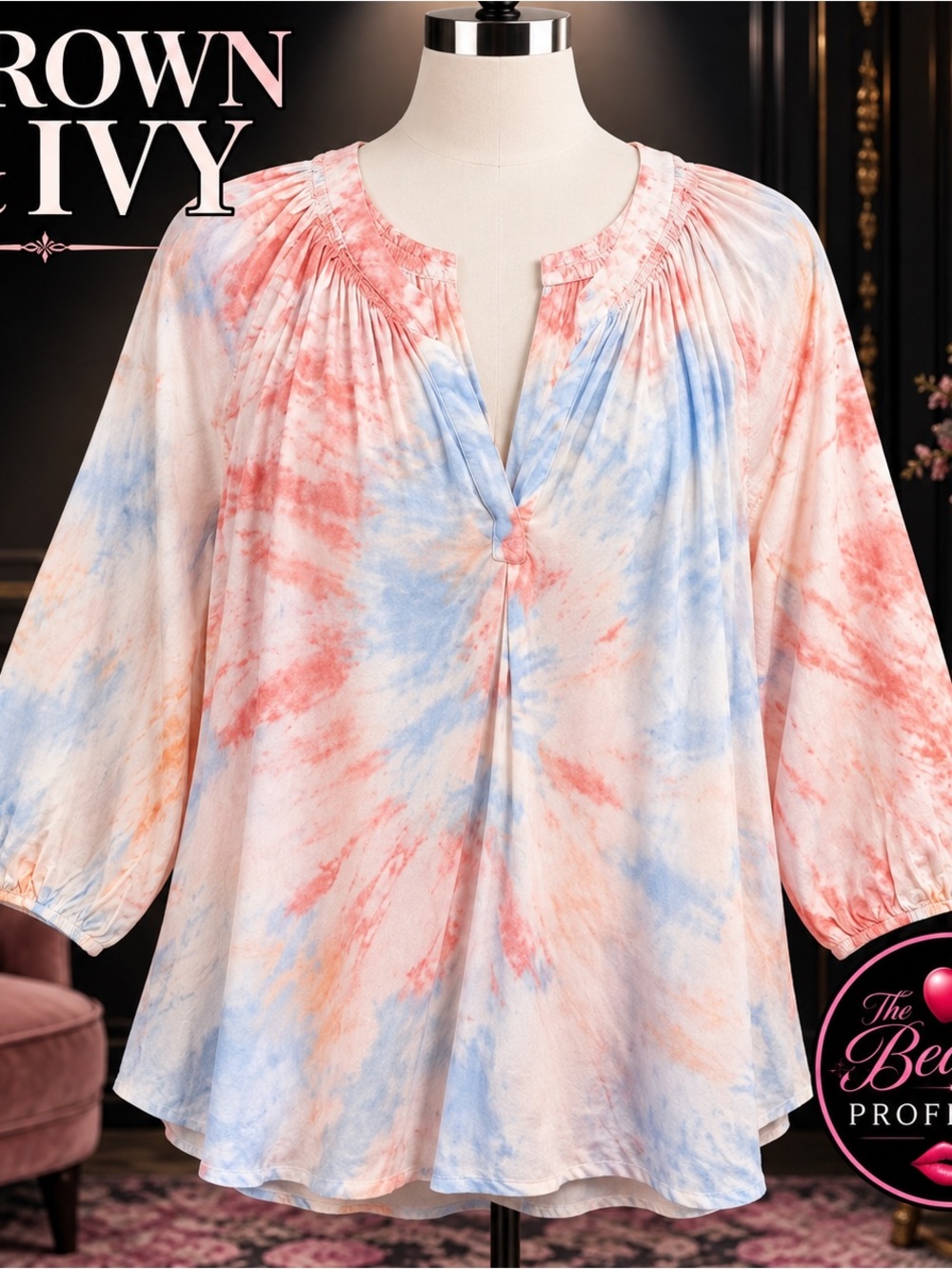 💕Crown & Ivy Tie Dye Peasant Blouse XL Pink Blue 3/4 Sleeve Boho Top